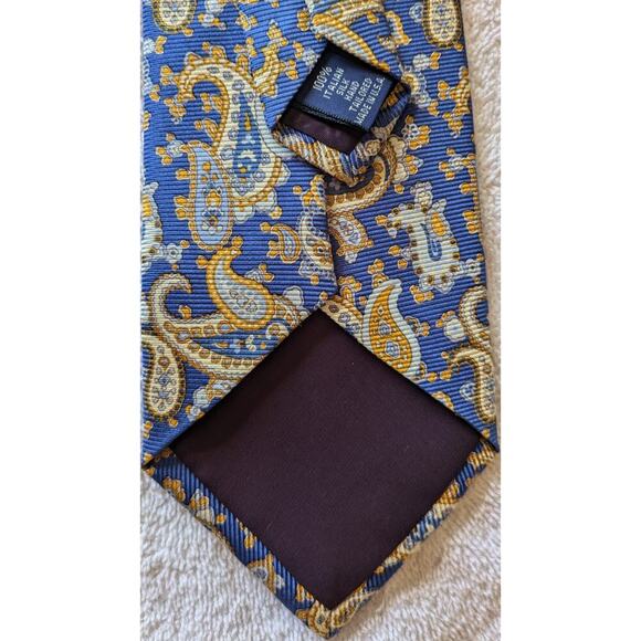 Paul Fredrick Blue & Yellow/Gold Paisley Silk Hand Tailored Tie, - Picture 4 of 4